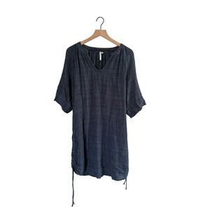 Seafolly Navy Blue Gauze Tunic Beach Cover Up Dress Button Tab Sleeve Large